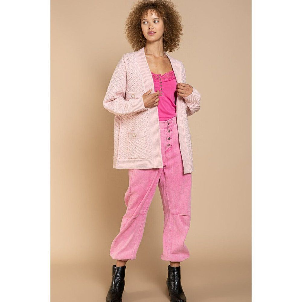POL Clothing Women's Baby Pink Luxe Open Cardigan Sweater with Buttons YST174 - Picture 10 of 12